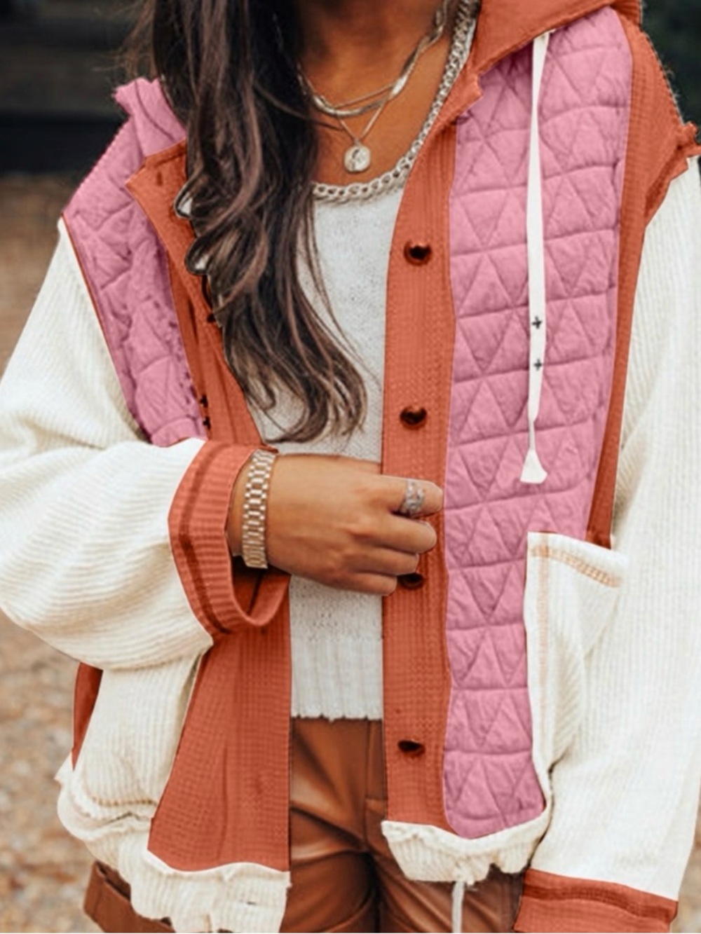 Colorblock Quilted Hooded Jacket - Pink & Rust